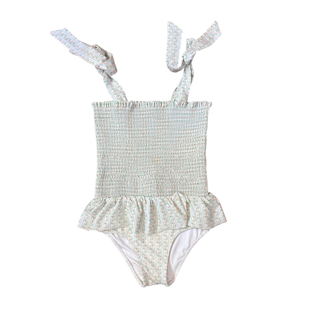 Cecil and Lou Swimsuit Girls White Pink Floral Smocked One Piece SIZE 6
